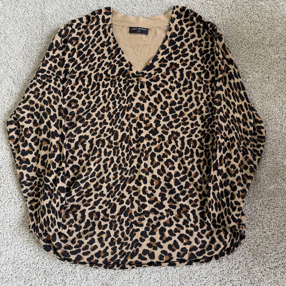 Lane Bryant Blouse Womens 26/28 Brown Leopard Print V Neck Long Sleeve Tunic Top
